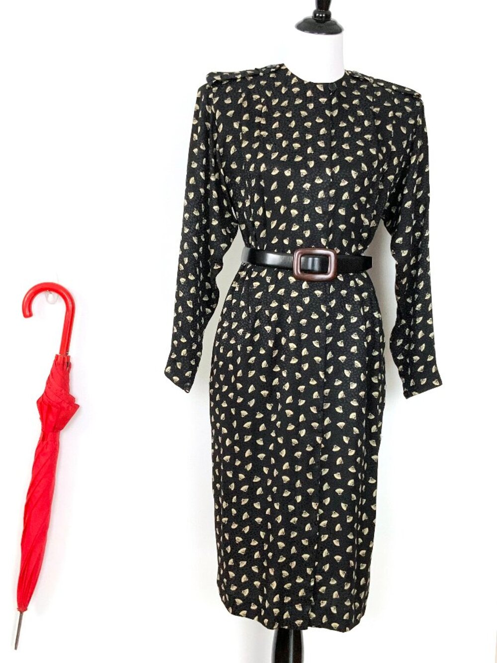 Vintage Liz Claiborn Black Silk Midi Button Long Sleeve Dress Sz 10